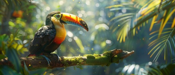 Naklejka premium A colorful toucan perched on a branch in the rainforest
