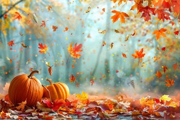 A colorful autumn scene with falling leaves and pumpkins