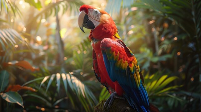 A colorful parrot perched in a tropical jungle