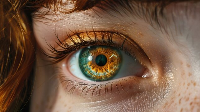 Alongside them are a pair of intense and captivating hazel eyes with a deep brown ring around the iris and a splash of green in the center. .