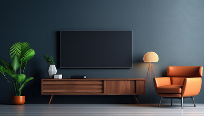Modern living room with Smart TV on the cabinet interior wall mockup, modern luxury interior 