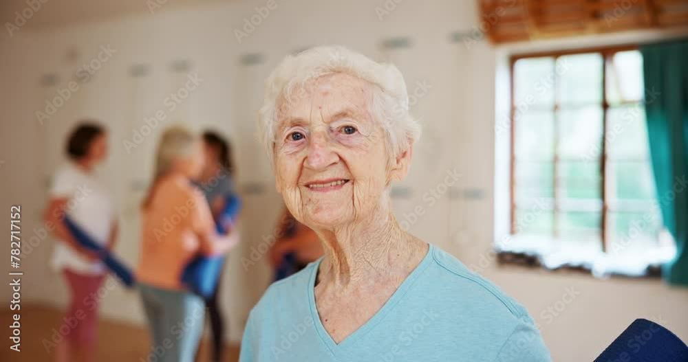 Poster Fitness, yoga and portrait of old woman in class for health, wellness and exercise in confidence. Smile, workout and happy face of senior person in pilates studio for challenge, balance and body care