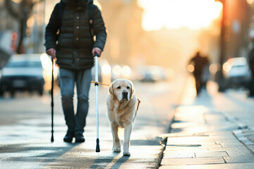 A visually impaired individual confidently walks the urban streets, aided by a loyal guide dog, amidst a blurry city backdrop. AI generative technology captures the scene with authenticity.