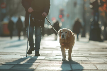 Experience the bond between a blind person and their guide dog as they stroll through the city streets, the bustling urban environment softly blurred in the background. AI generative. - obrazy, fototapety, plakaty