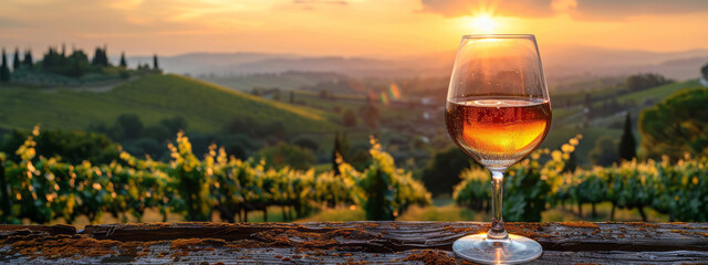 A glass of white wine sits on an old wooden table against the backdrop of vineyards and sunlight,...
