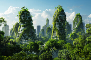 A futuristic cityscape features skyscrapers made of green, living trees and vines, with the buildings having organic shapes, creating an eco-friendly urban environment. - obrazy, fototapety, plakaty