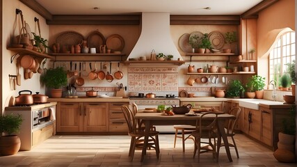 This photorealistic image captures the essence of a Mediterranean kitchen, showcasing traditional appliances like a vintage stove and wooden cabinets filled with cookware. The scene includes hanging c - obrazy, fototapety, plakaty