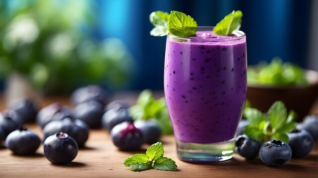This photorealistic image captures the essence of a blueberry smoothie in a tall glass, showcasing its thick texture and vibrant color. The glass is garnished with fresh blueberries and a sprig of min