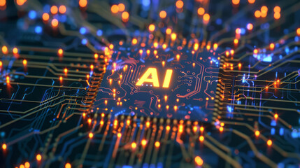 A digital art illustration features a chip with golden wires and circuitry, centered on the glowing yellow text "AI" set against a dark blue background.