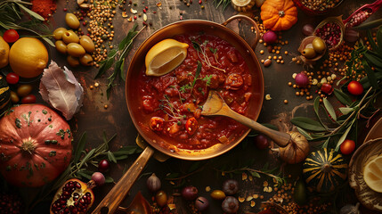 Homemade Tomato Sauce in Skillet Surrounded by Fresh Ingredients - obrazy, fototapety, plakaty