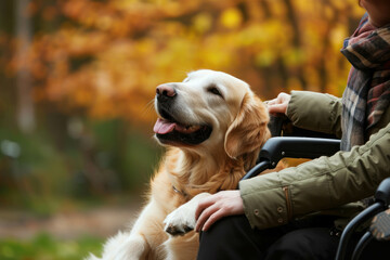 Witness the uplifting connection as a service dog provides invaluable companionship to a person with disabilities. A touching display of support and love. AI generative  - obrazy, fototapety, plakaty