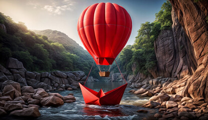 A red hot air balloon is floating above a river carrying an paper boat. Balloon float along the waterway, taking in the picturesque surroundings