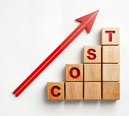3d render illustration of a red arrow pointing upwards, next to blocks spelling the text word COST