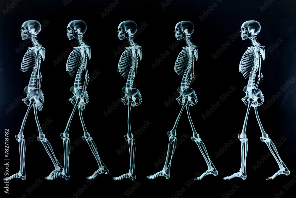 Wall mural a ghostly walk captured in x-ray. a full-body human skeleton strides across a black void.