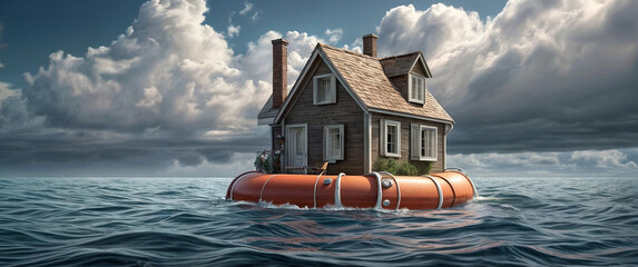 3d render illustration of a house is on a life preserver lifebuoy in the middle of the ocean sea. Concept of house home insurance, protection, family support, mortgage protection