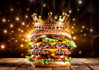 Tasty fast food Delicious big fastfood hamburger burger with golden kind crown