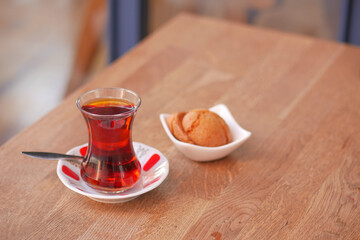 Traditional turkish tea on white table .