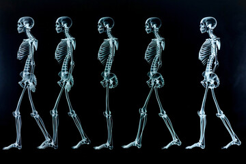 A ghostly walk captured in X-ray. A full-body human skeleton strides across a black void.