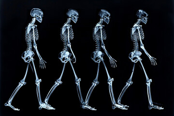 A full-body X-ray reveals a human skeleton in motion, isolated on a black background.