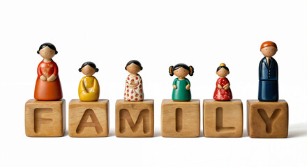 3d render of text word FAMILY on wooden cube blocks, accompanied by five peg dolls symbolizing various family members, each standing atop the blocks