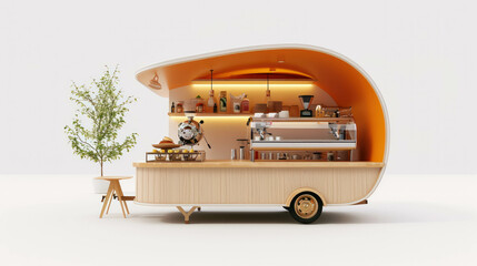 Experience the fusion of retro and nature in this UHD image of a small cafe counter inside a white oldtimer caravan trailer. AI generative technology captures the essence. - obrazy, fototapety, plakaty