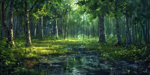 Fototapeta na wymiar A serene forest scene features tall trees, lush green grass and water in the foreground, with the ground covered in small puddles of rainwater reflecting light from above.