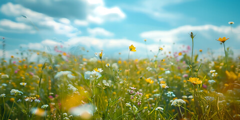 A field of flowers with a blue cloudy sky in the natural background.
