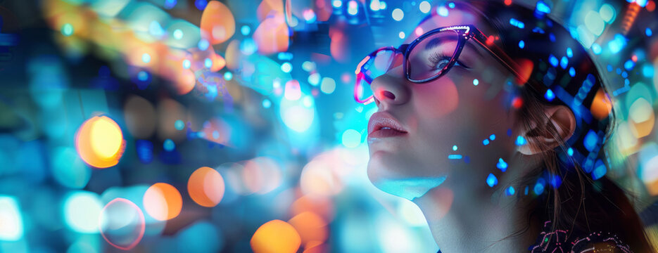 A young woman with glasses stands in front of an abstract digital background, surrounded by vibrant colors and shapes, looking up at the sky