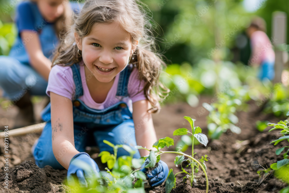 Canvas Prints A happy girl in blue overalls is planting plants with her family at their home garden during an outdoor community work day for kids and parents on a summer morning. - Canvas Prints