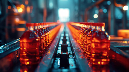 Discover the seamless automation of beverage production with this image of four orange juice bottles being sealed. AI generative technology brings the manufacturing process to life.