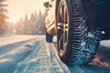 A detailed shot of car wheels with tire treads in a snowy landscape highlights winter drive safety and car service concepts.
