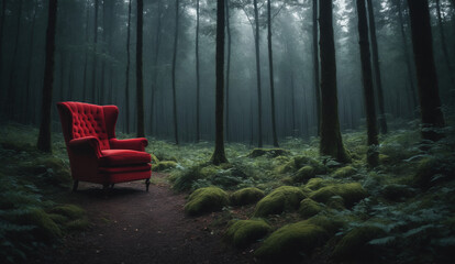 Red armchair in the middle of the forest, dark vibe, vignette, film grain, movie style - obrazy, fototapety, plakaty
