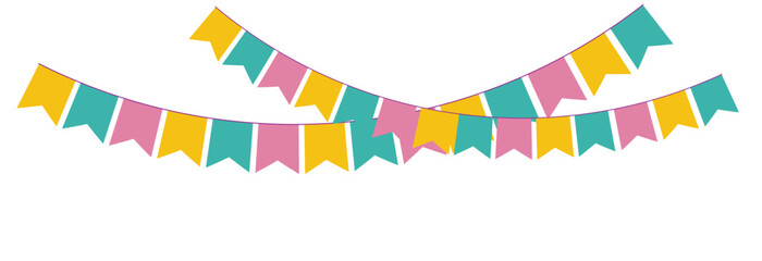 Fototapeta premium Colorful pastel color triangle flag party with rope isolated on white background, decoration element.
