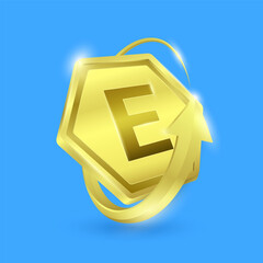 Vitamin E in shine gold hexagon shape surrounded by arrows. Used for design dietary supplement products. Vitamins label symbol 3D on blue background. Isolated vector EPS10 illustration.