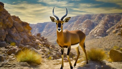 Wildlife photo of an antelope gracefully roaming the desert landscape, captured mountain background
