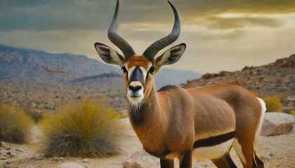 Naklejka premium Wildlife photo of an antelope gracefully roaming the desert landscape, captured
