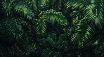 Fototapeta na wymiar A lush and dense dark green palm tree canopy with vibrant leaves stands against a deep black background.