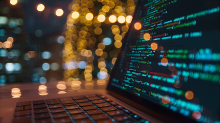 close up of software code on laptop, modern technology software development background 