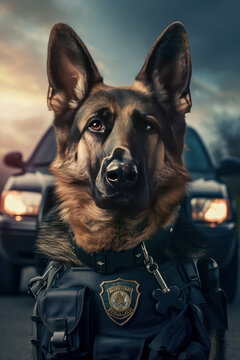 Explore the world of law enforcement with this image of a German Shepherd in a police uniform, standing proudly next to a patrol car. AI generative technology ensures realism.