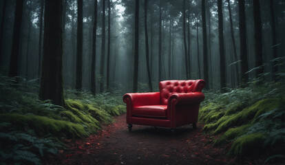 Red armchair in the middle of the forest, dark vibe, vignette, film grain, movie style - obrazy, fototapety, plakaty