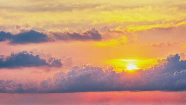 Sunrise, Clouds and Sunrise Sky Time Lapse. Close-up Telephoto Lens. Travel, Beginning, Nature Concept
