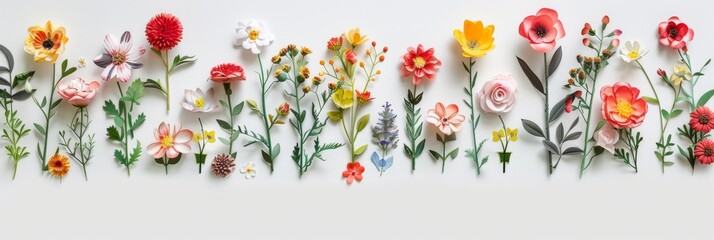 Assorted vibrant flowers arranged on white background. colorful flowers meticulously arranged on a white backdrop displaying a brilliant spectrum of colors and showcasing a variety of species