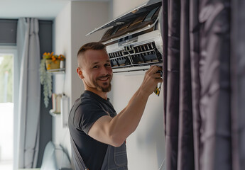 Fototapeta na wymiar Male technician repairs an air conditioner indoors.