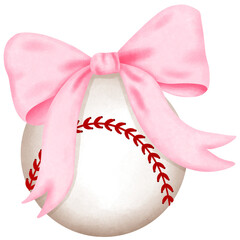 Coquette baseball with pink ribbon bow clipart, Aesthetic watercolor illustration.