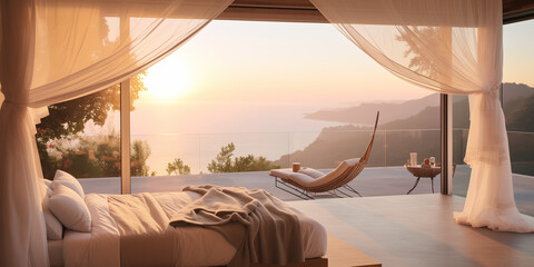  A tranquil bedroom with a canopy bed, sheer curtains, and a view of the sunrise. - obrazy, fototapety, plakaty