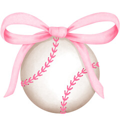 Coquette baseball with pink ribbon bow clipart, Aesthetic watercolor illustration.