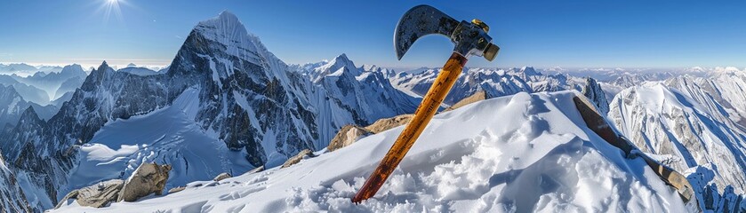 Abandoned mountaineers ice axe on snowy ridge, clear morning, diagonal shot, unique for Adobe , stock photographic style