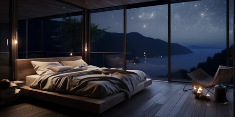 A peaceful navy blue bedroom with a canopy bed, sheer curtains, and a view of the moonlit sky.
