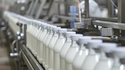 Discover the inner workings of a dairy industry with a close-up view of the milk bottling production line. AI generative technology enhances the portrayal of machinery.