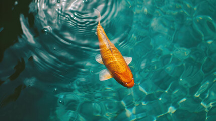 Experience the serenity of an orange Koi fish gliding through clear blue water from a top-down perspective. AI generative technology adds depth to aquatic beauty. - obrazy, fototapety, plakaty